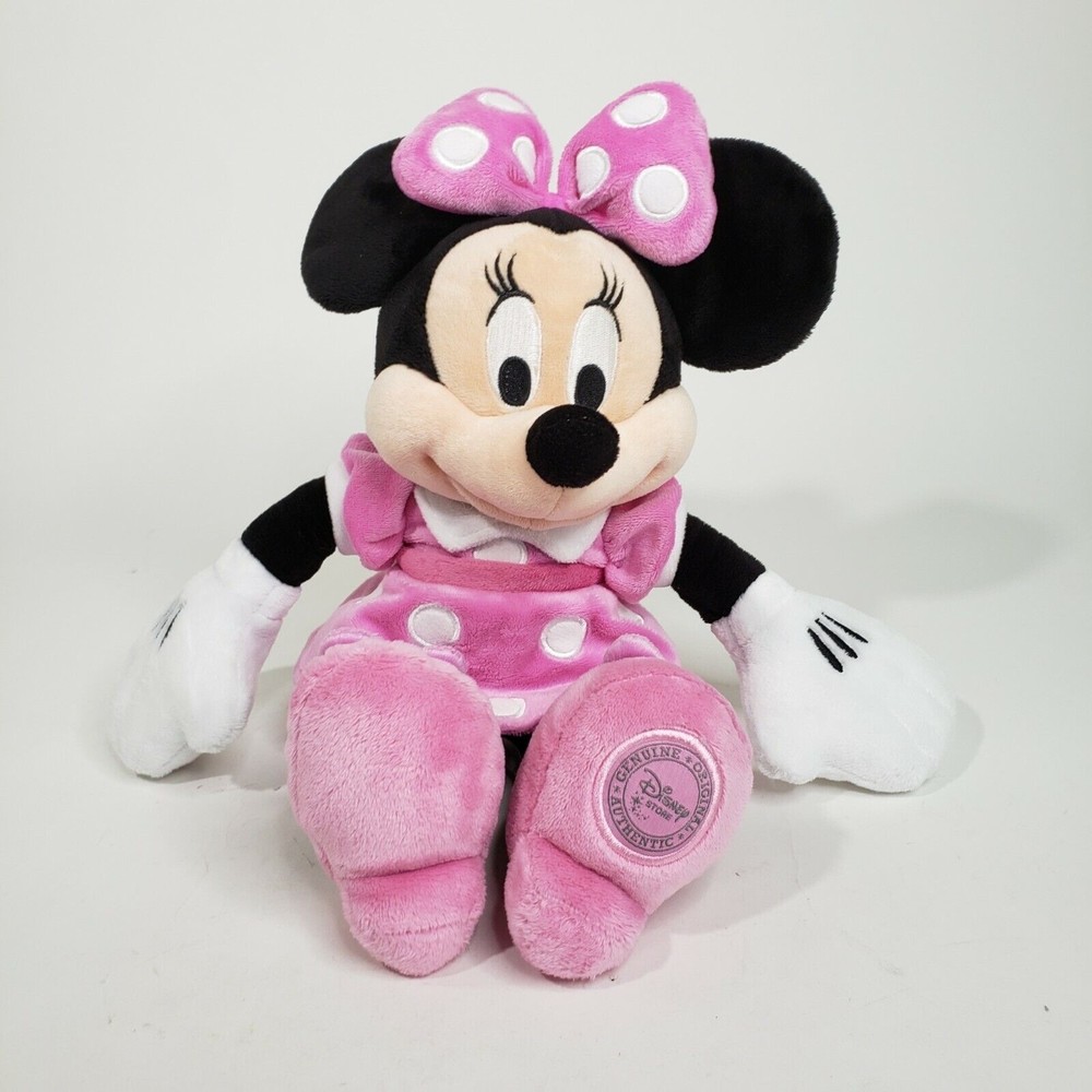Disney Store Minnie Mouse Plush Stuffed Animal Pink Polka Dot Dress 14" Clean